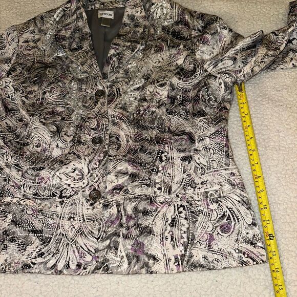 Chicos XL (Sz 3) Silk Blend Blazer Jacket White Black Purple Abstract Womens EUC - Picture 10 of 12